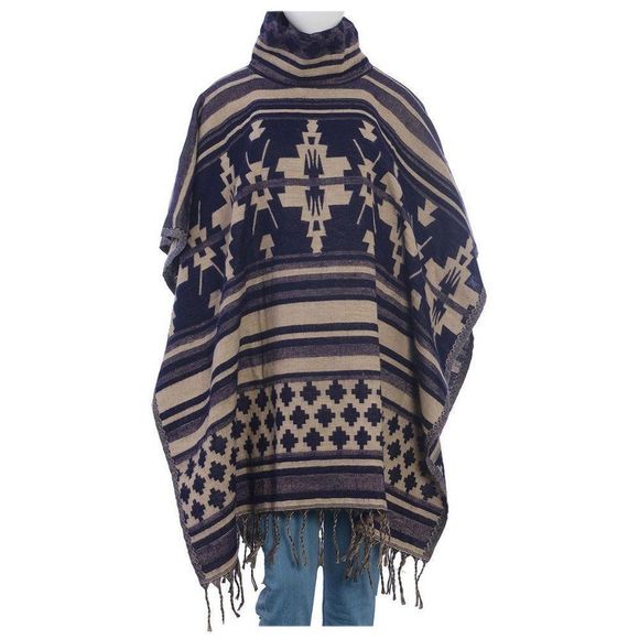 Tribal Print Poncho Acrylic Navy and Tan - Picture 1 of 4